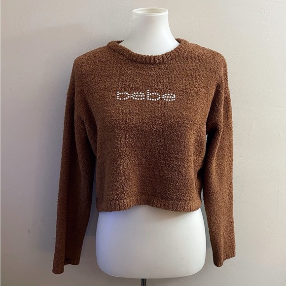 bebe Brown Crew Neck Crop Sweater Oversized S Fall Chic - Picture 1 of 8
